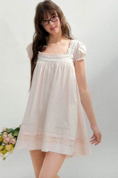 Square Neck Lace Embroidery Dress