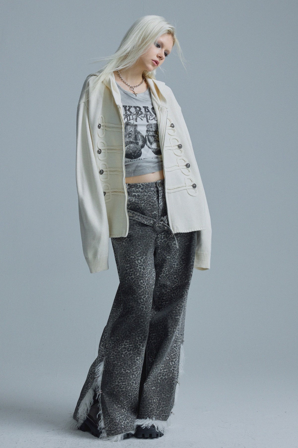 Chain Embroidery Hooded Knit Cardigan