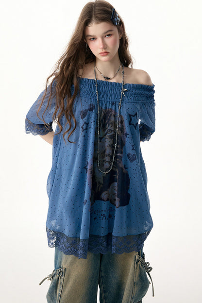 Cat Print Lace Trim Off-Shoulder Top