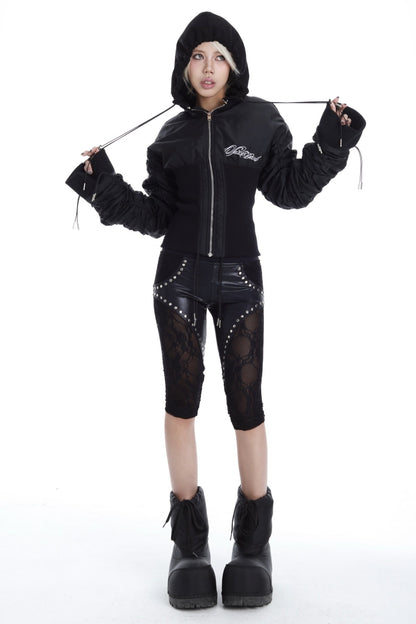 Ribbed Detachable Hood Tassel Jacket
