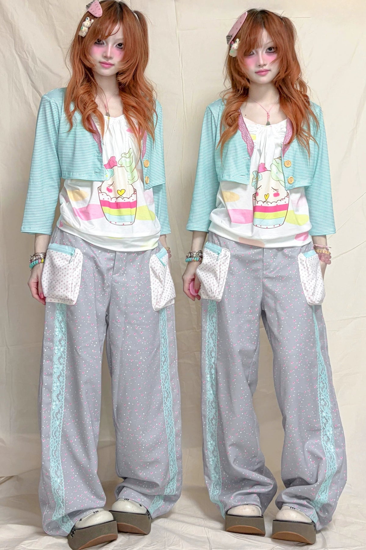 Floral Color-Block Lace Patchwork Wide-Leg Pants