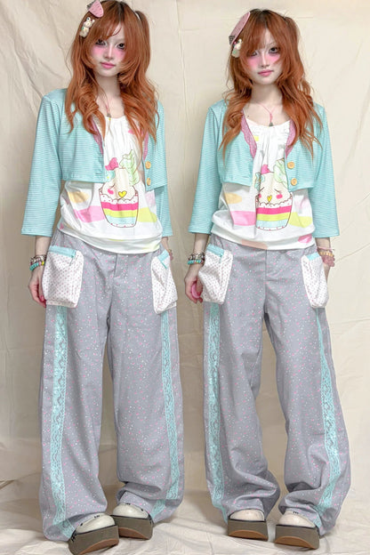 Floral Color-Block Lace Patchwork Wide-Leg Pants