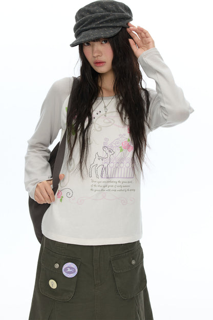 Deer Rose Print Long Sleeve Raglan Tee