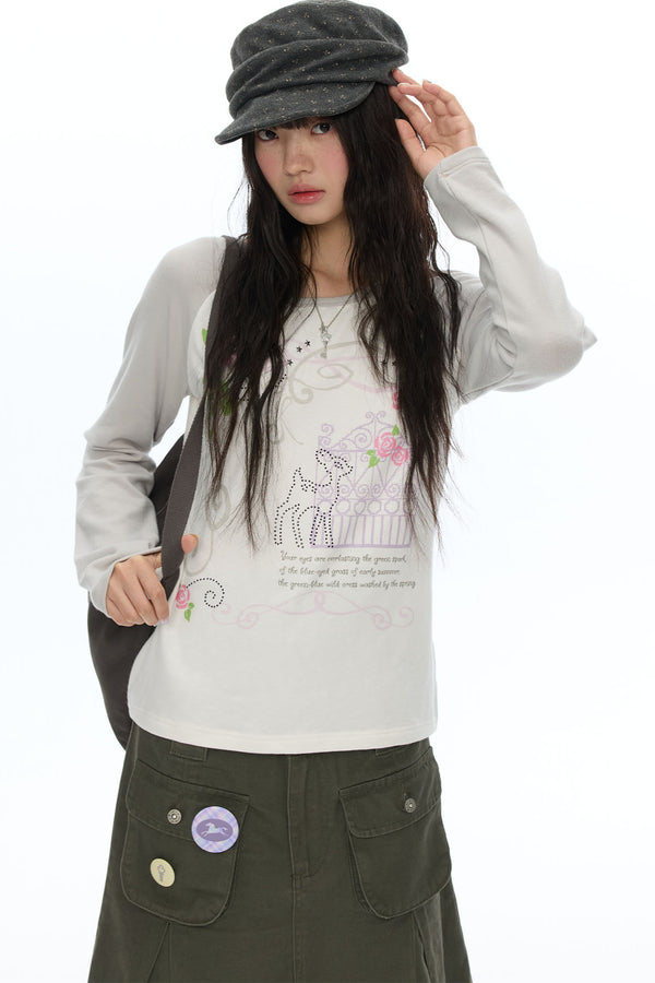 Deer Rose Print Long Sleeve Raglan Tee