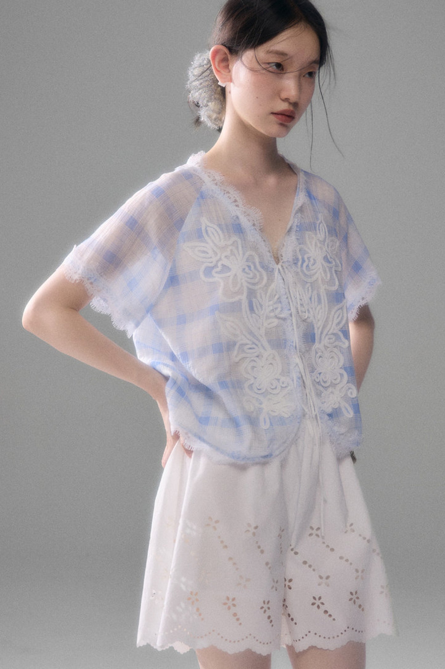 Blue White Checkered Lace Tencel Top Skirt Set-Up