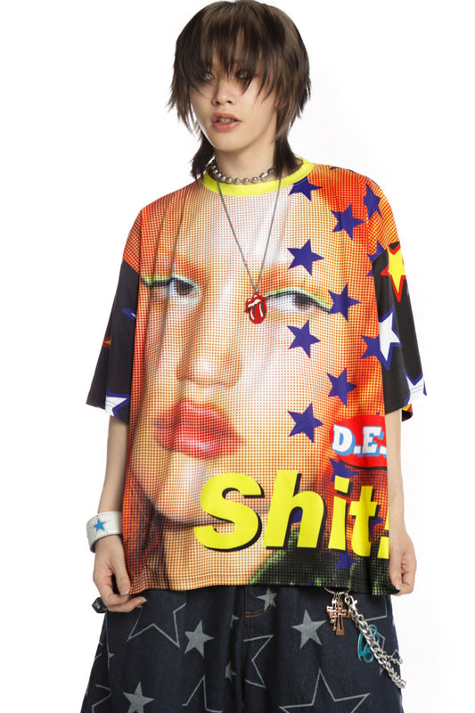 Quirky Printed Color-Blocked Collar Oversized Blouse