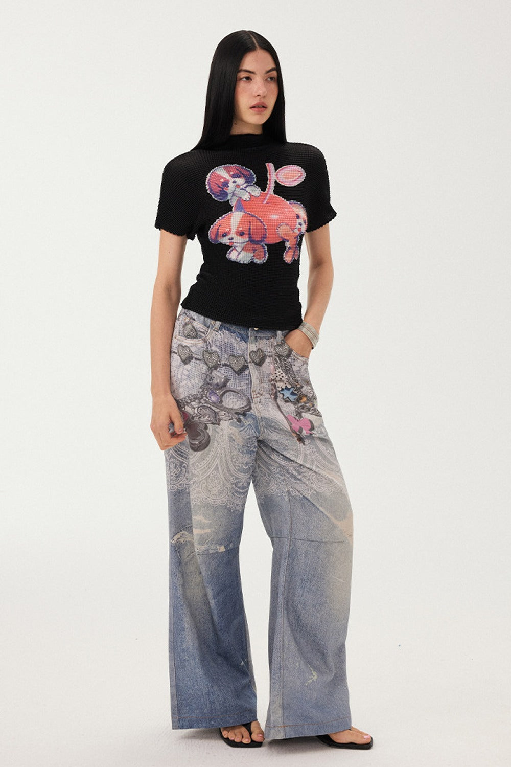 Blue Chain Detail Wide-Leg Straight Denim Pants