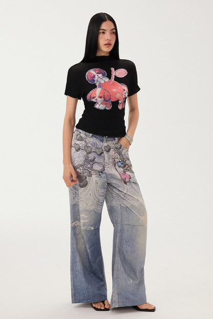 Blue Chain Detail Wide-Leg Straight Denim Pants