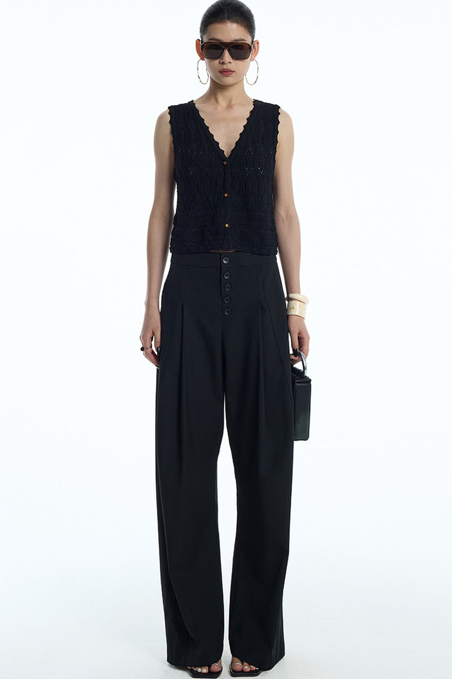 Black Pleated Wide-Leg Trousers
