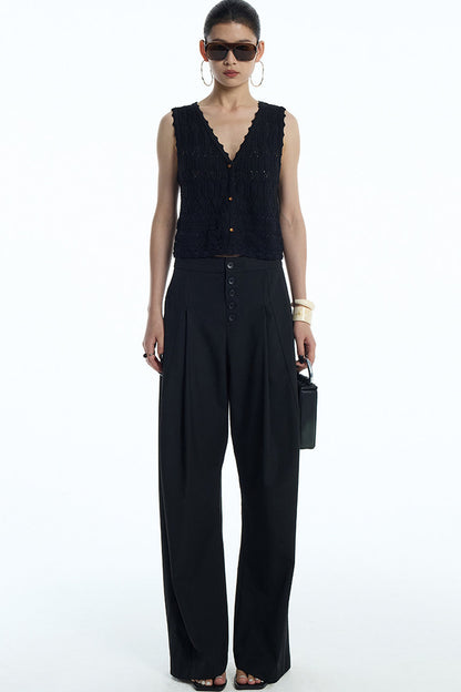 Black Pleated Wide-Leg Trousers