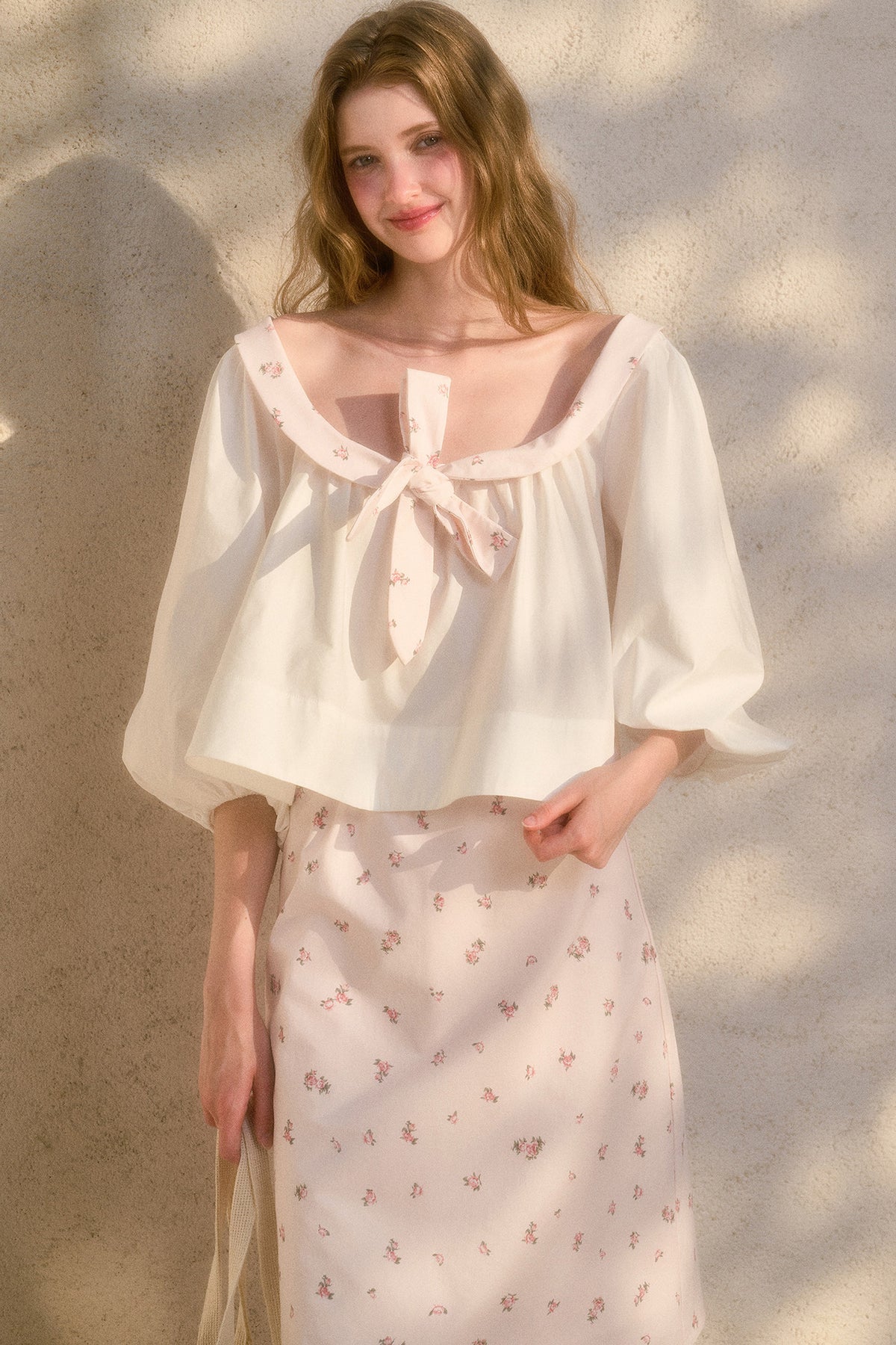Floral Puff Sleeve Shirt and Skirt Set-Up