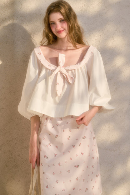 Floral Puff Sleeve Shirt and Skirt Set-Up