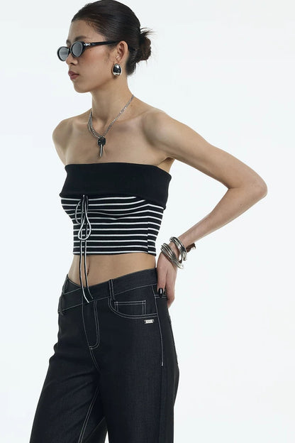 Black White Striped Ribbed Bandeau