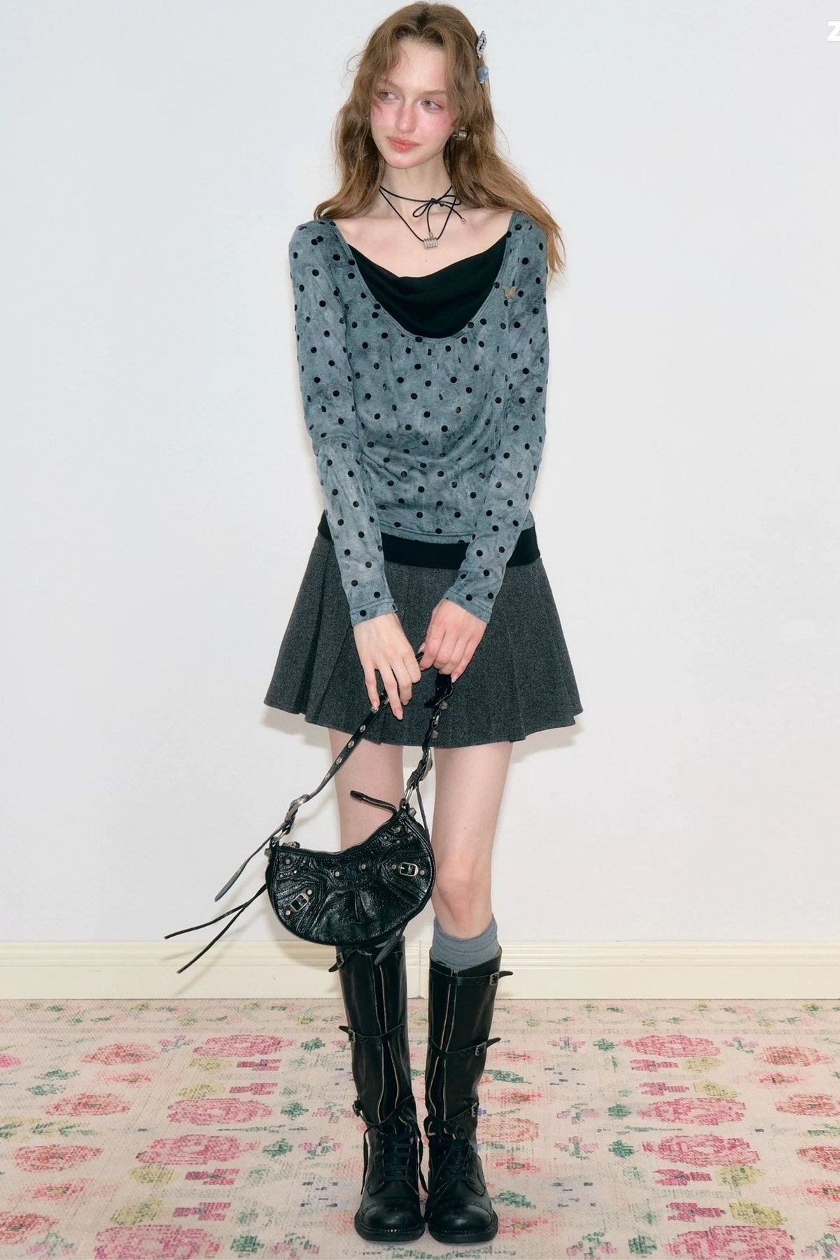 Gray Polka Dot Knit Top