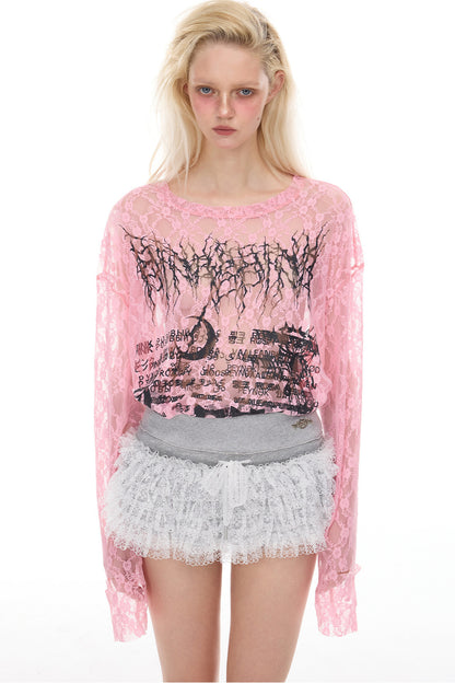 Loose Ripped Lace Cat Print Tee