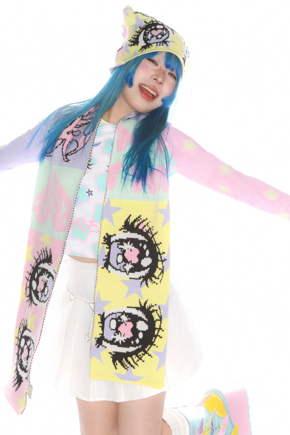 Comic Eye Knitted Long Scarf Set-Up