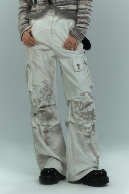 Dirty-Washed Multi-Pocket Wide-Leg Cargo Pants