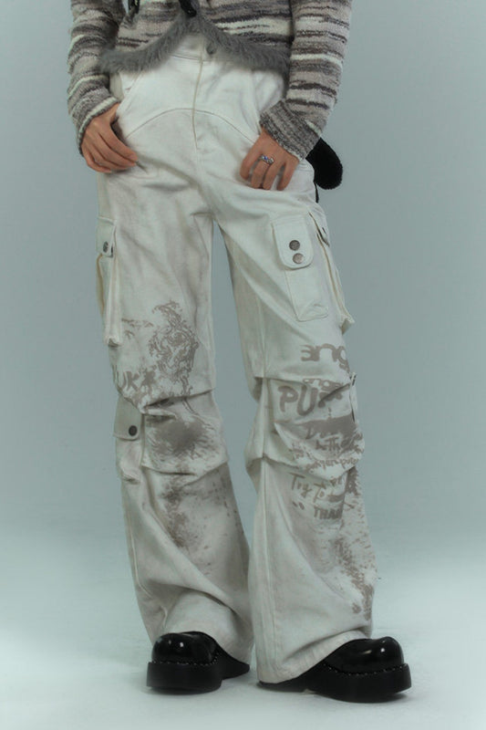 Dirty-Washed Multi-Pocket Wide-Leg Cargo Pants
