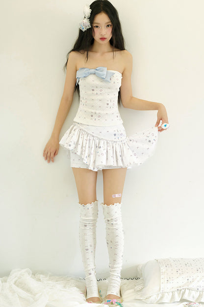 Blue Bow Print Cotton Knit Tube Top