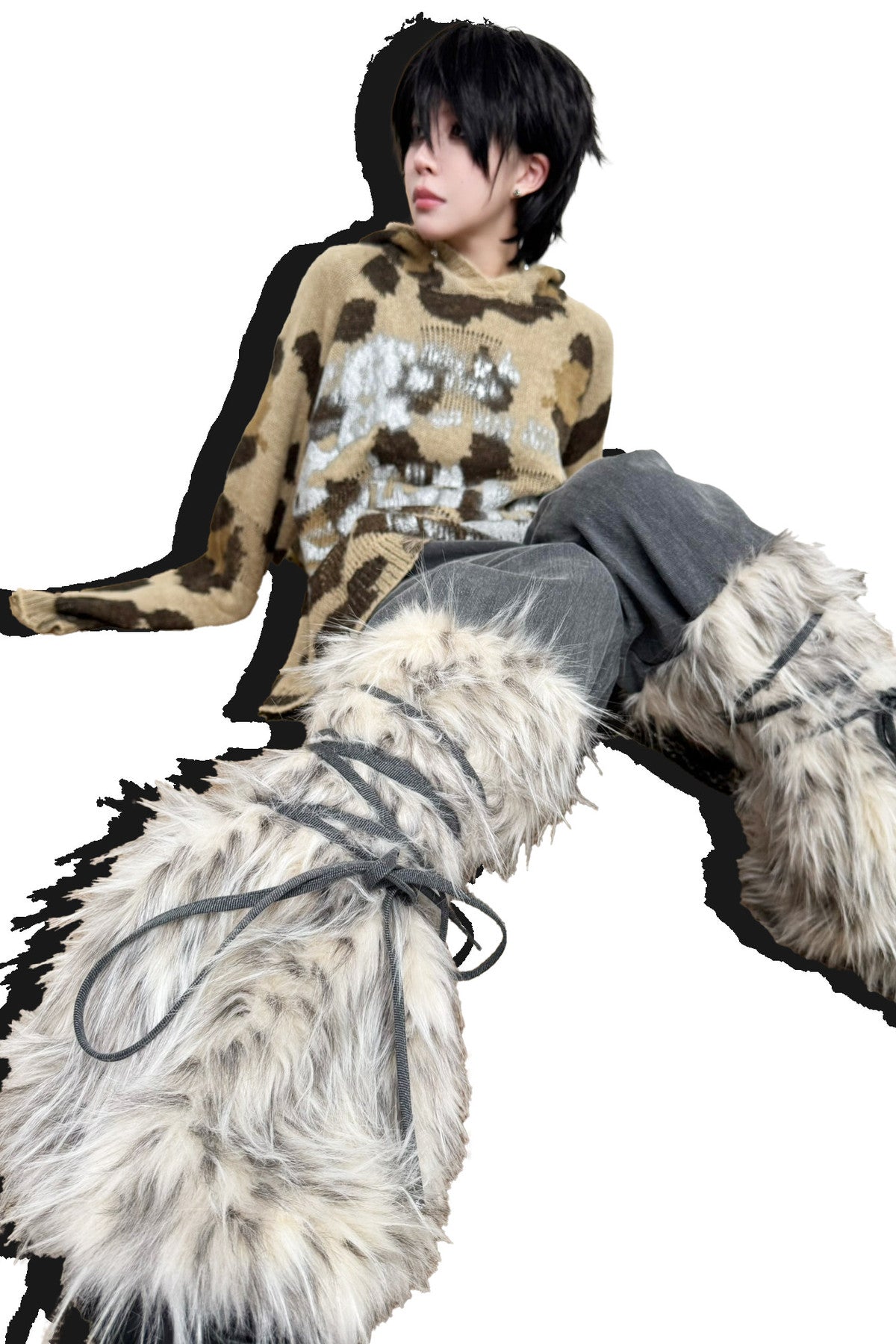 Loose Faux Fur Patchwork Drawstring Jeans