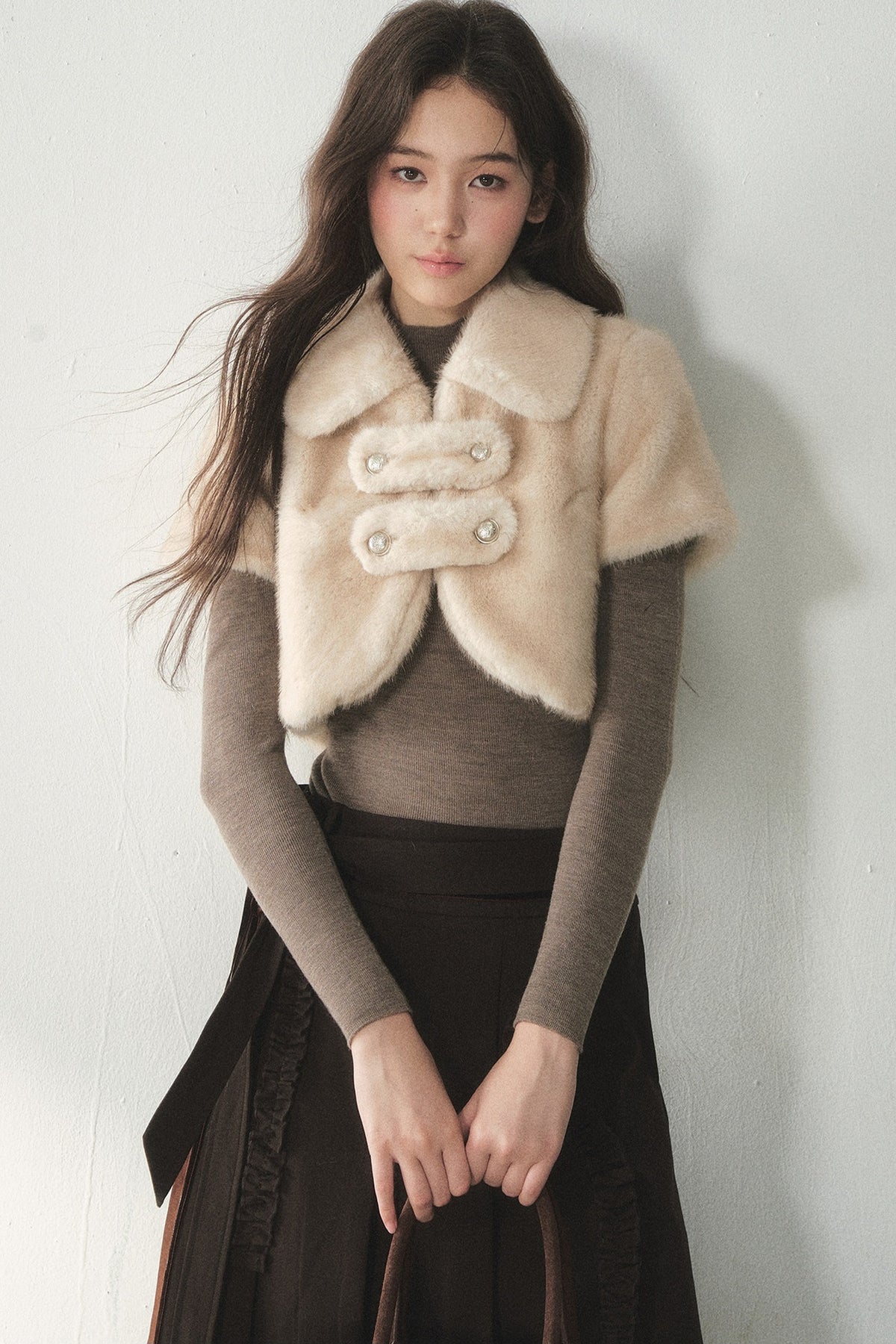Short-Sleeved Double-Breasted Faux Fur Jacket
