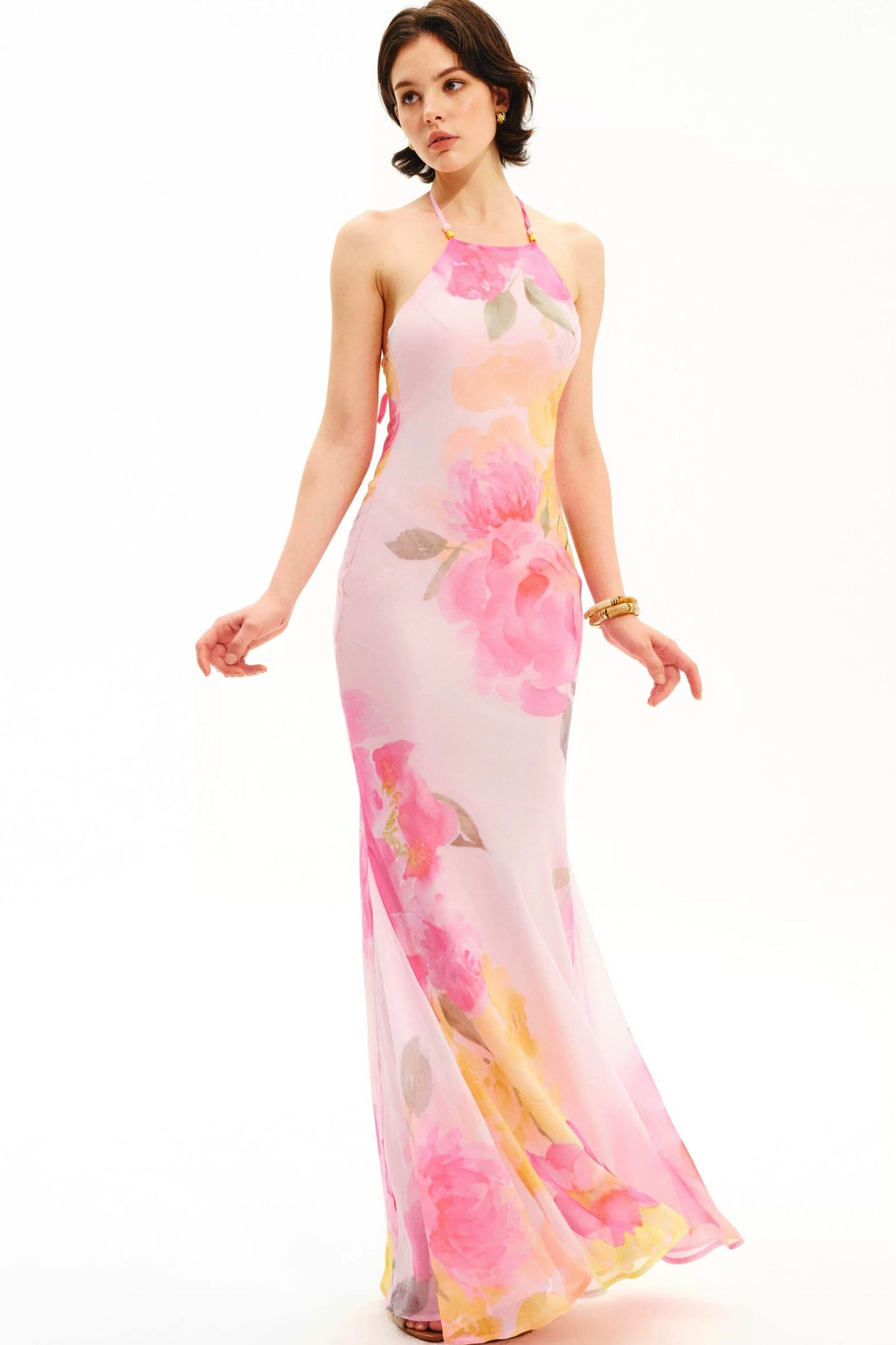Watercolor Floral Halter Maxi Dress