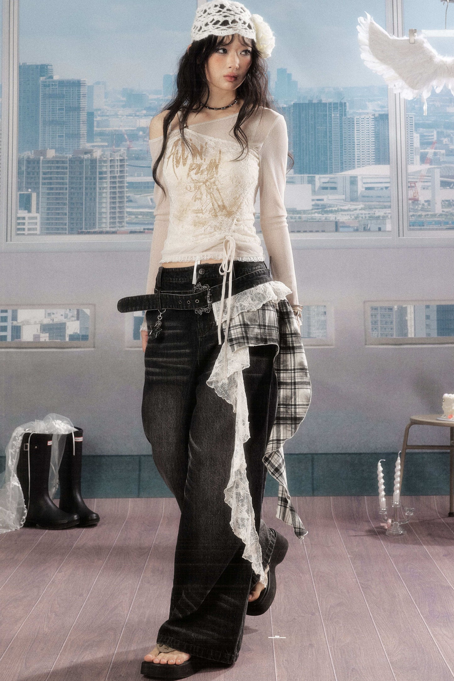 Karierte Wide-Leg-Jeans im Lagenlook