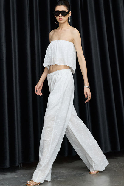 White Cotton Hollow Embroidery Top And Pants Set-Up