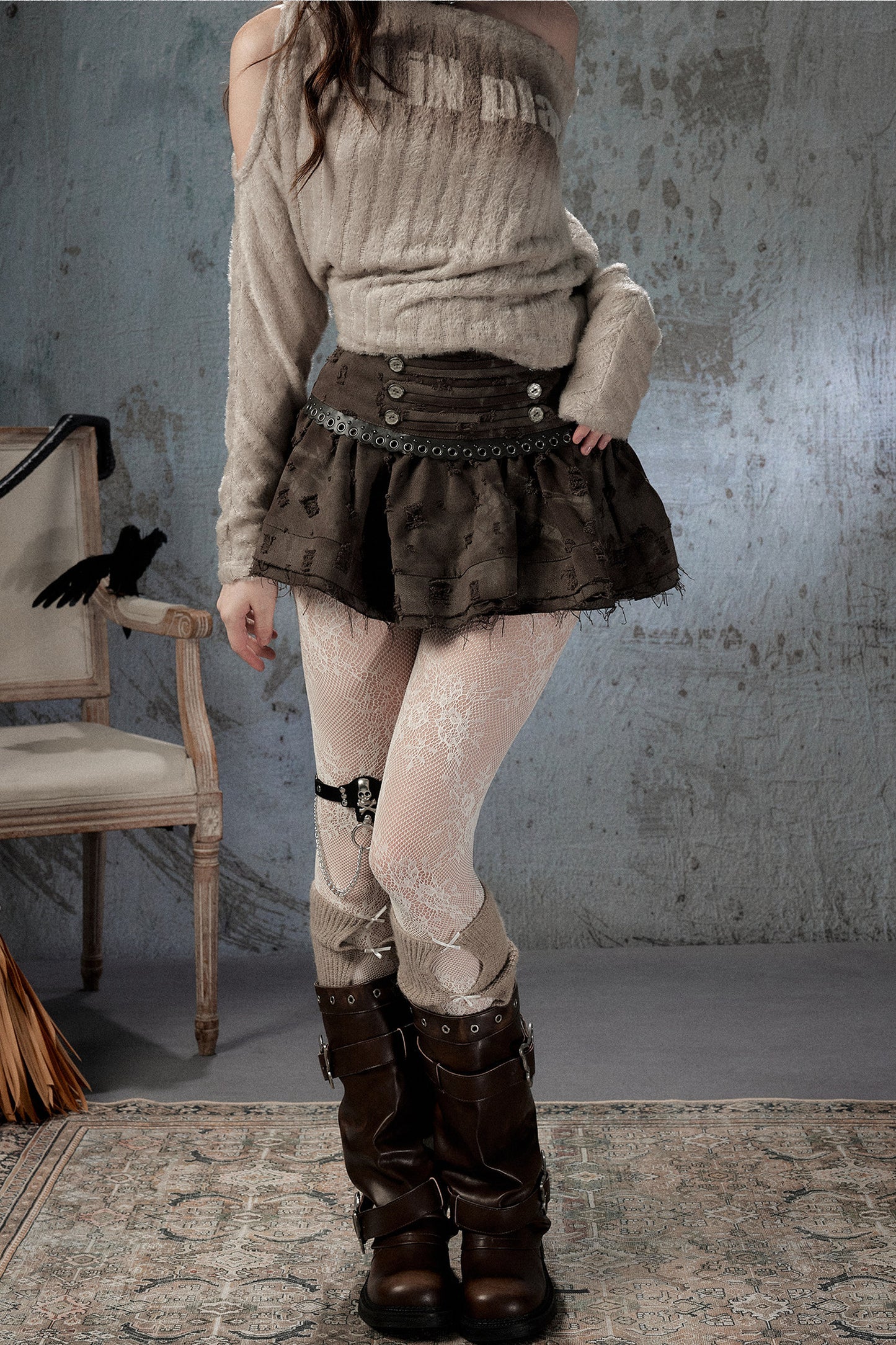 Vintage Distressed High-Waisted Skirt