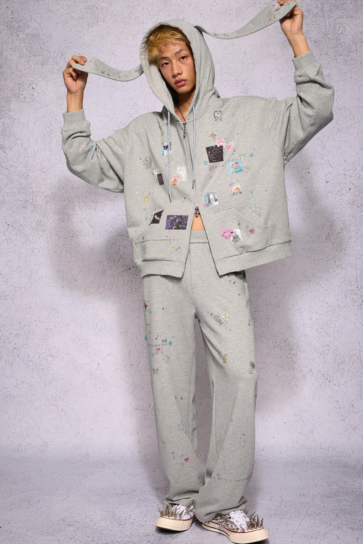 Bunny Ear Rhinestone Sticker Sweat Jacket