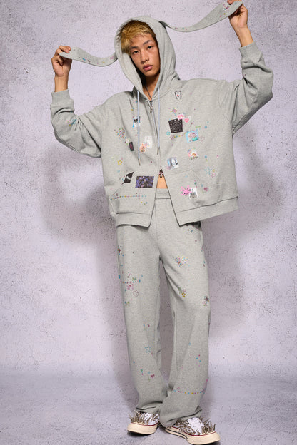 Bunny Ear Rhinestone Sticker Sweat Jacket