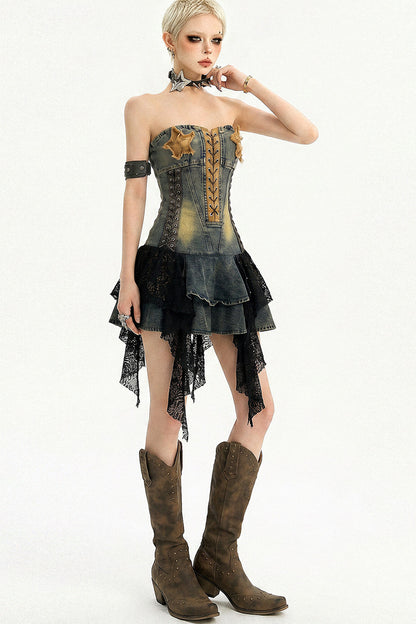 Abito rétro in denim e pizzo