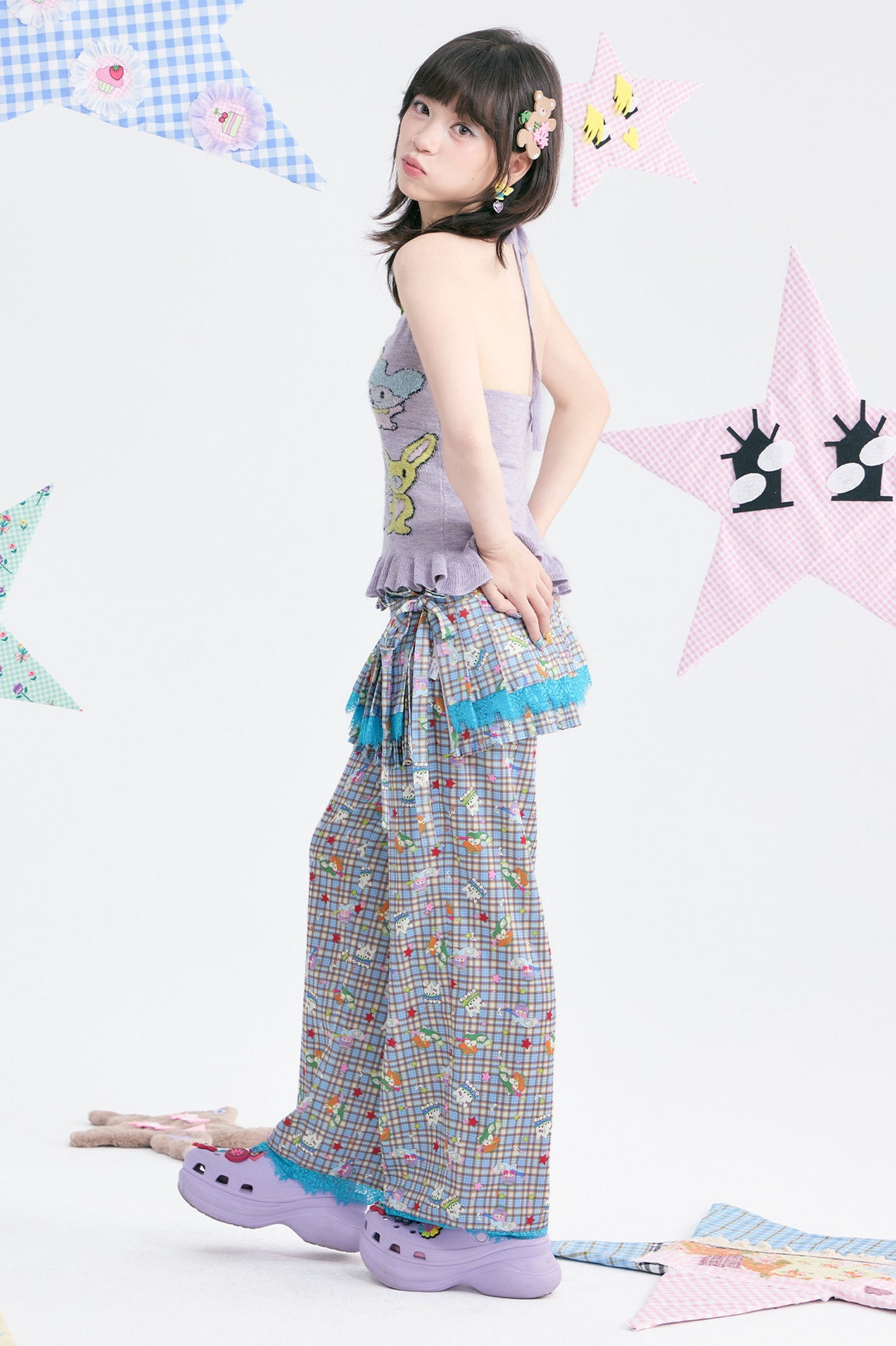 Plaid Layered-Look Lace Pants Set-Up