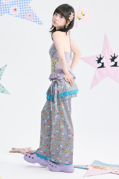 Plaid Layered-Look Lace Pants Set-Up