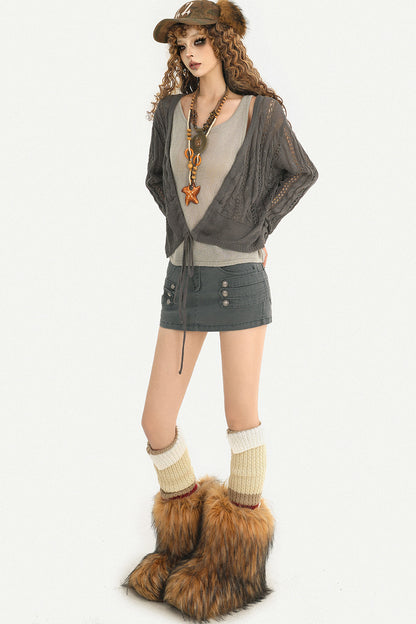 Gray Buttoned Low-Waist Skirt