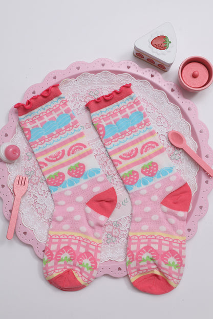 Cream Strawberry Cake Print Socks