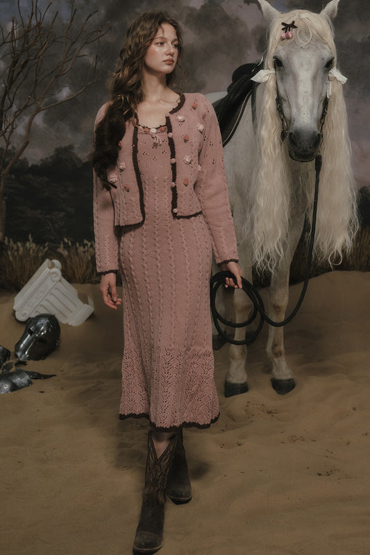 Wool Knit Floral Cardigan Dress Set-Up