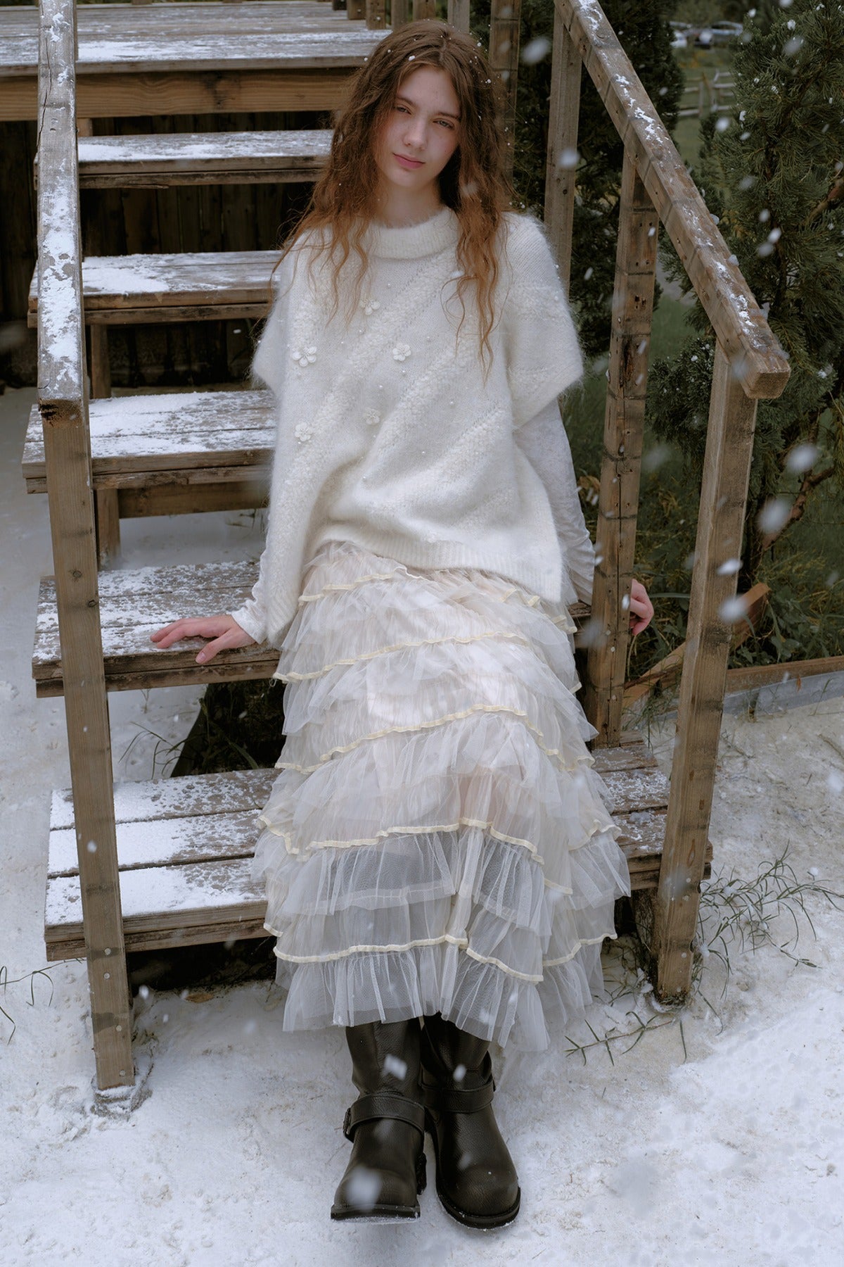 Mesh Velvet Layered Chiffon Skirt
