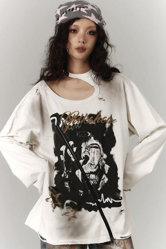 Hollow-Out Ripped Diagonal Zipper Long-Sleeve T-shirt