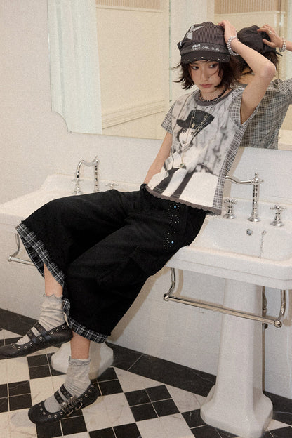 Patchwork Plaid Rhinestone Jeans