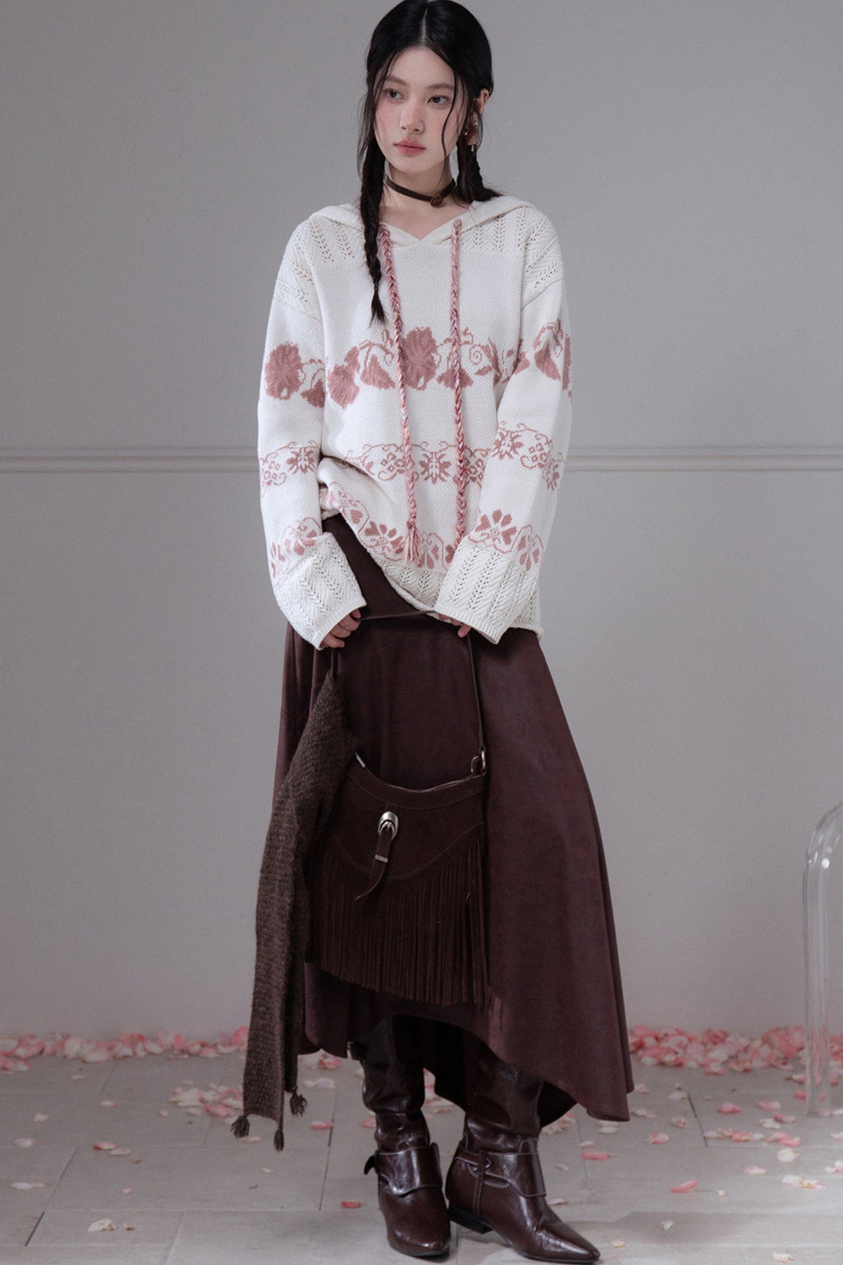 Pink Fair Isle Hollow-Out Hooded Pullover Sweater