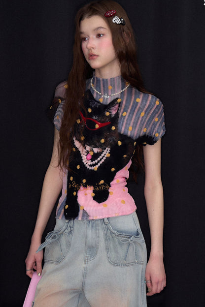 Polka Dot Pleated T-Shirt