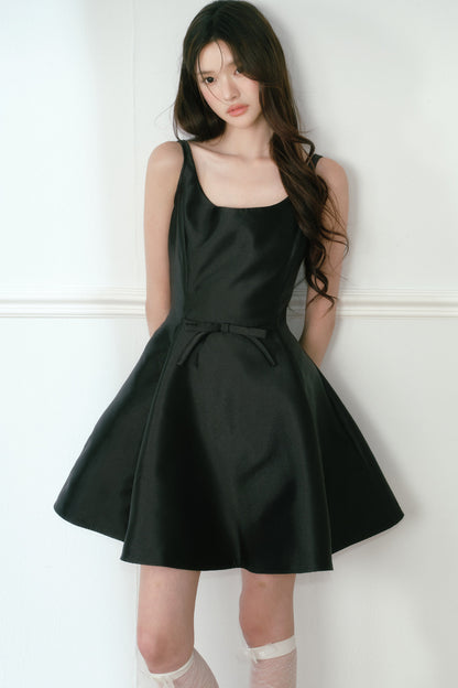 Glossy Black Spaghetti Strap A-Line Dress