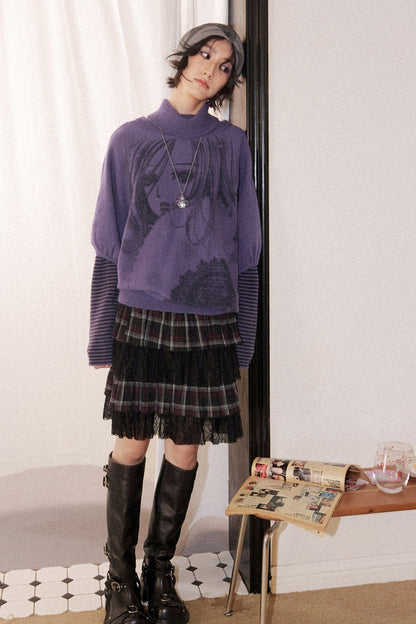 Gray Purple Nana Print Batwing Sweater