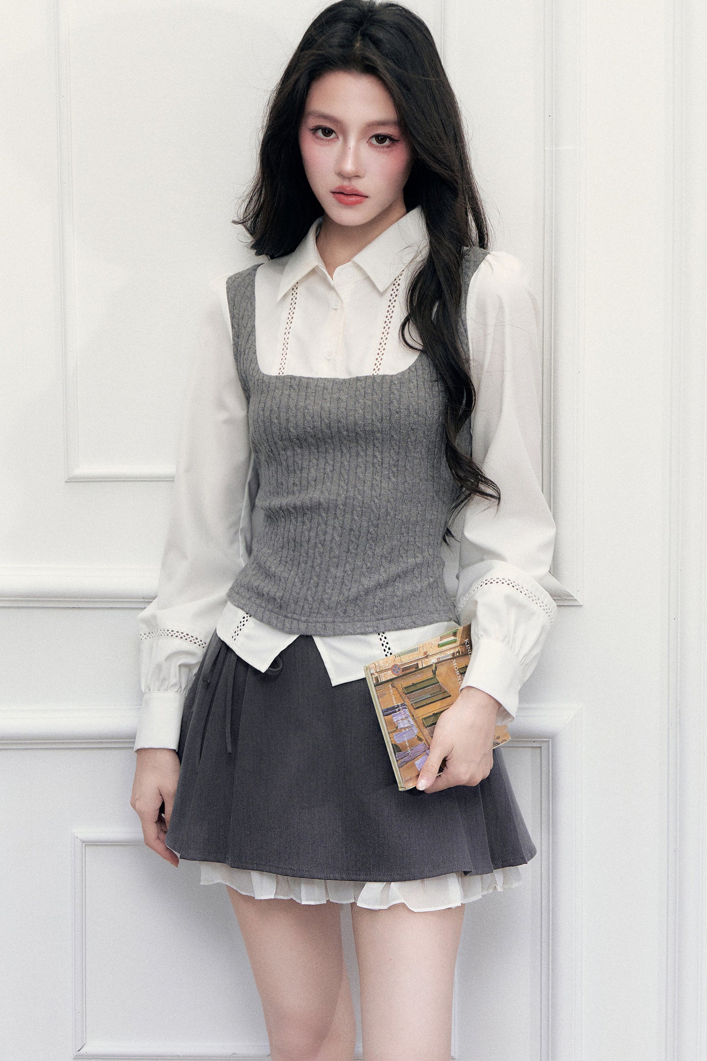 Preppy Shoulder Cutout Lace Blouse and Skirt Set-Up