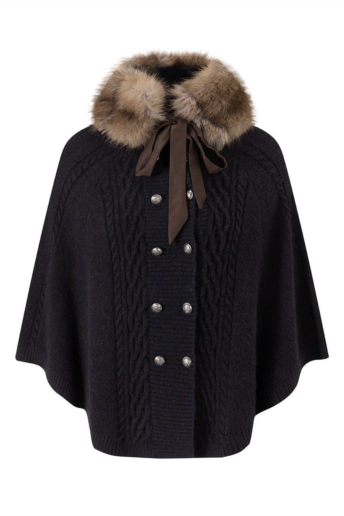 Detachable Fur Collar Cable Knit Cape
