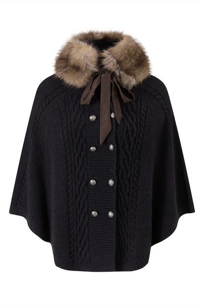 Detachable Fur Collar Cable Knit Cape