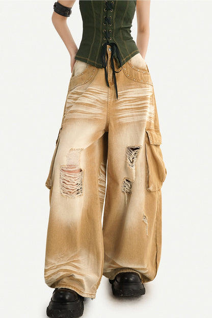 High-Waisted Ripped Workwear Jeans
