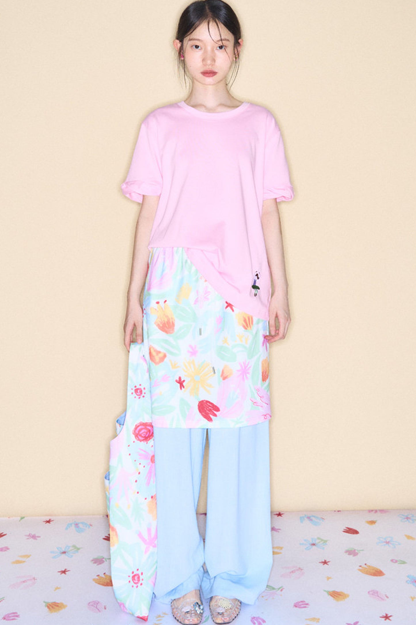 Hand-Painted Bird And Flower Print Skirt