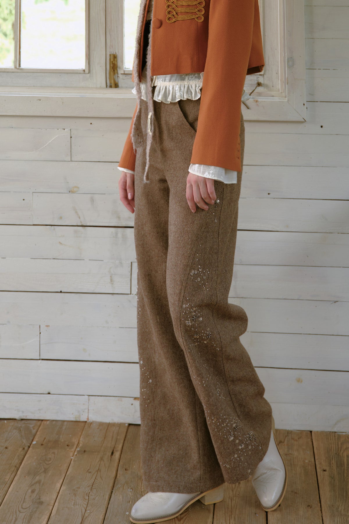 High-Waisted Loose Beaded Patchwork Wool Tweed Pants